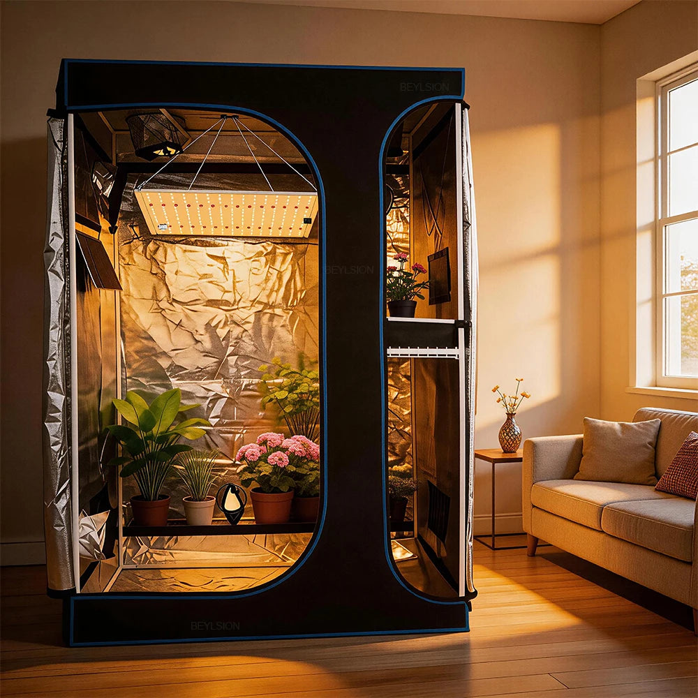 Portable grow tent enclosure with hanging LED light inside a home room setting