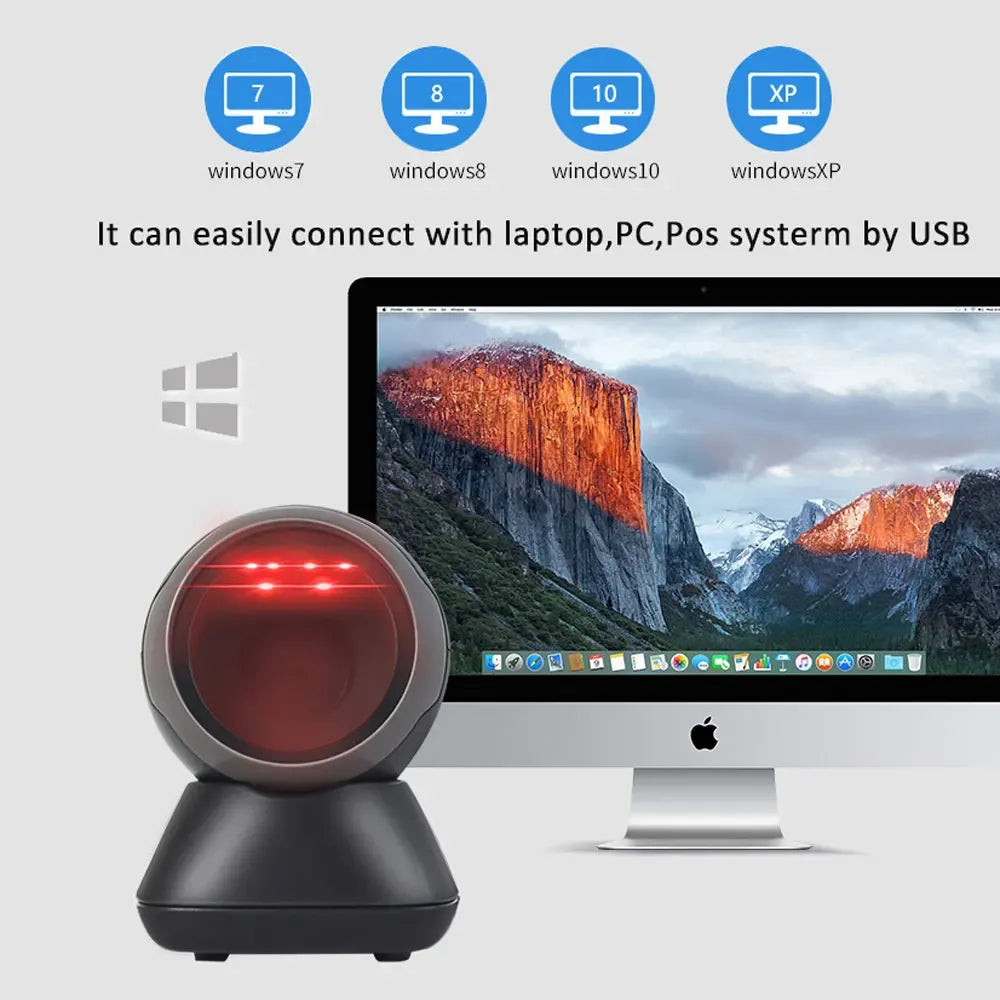 Black desktop barcode scanner with red scan light connected by USB