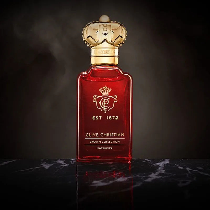 Clive Christian Matsukita 50ml EDP: Elegant red bottle, crown cap. Jasmine, rose, sandalwood, amber, musk scent.