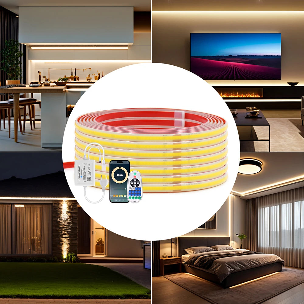 220V Dimmable COB LED Strip Light WIFI Bluetooth Wall Touch 23key Remote Control Power Kit 288LEDs/M Waterproof Flexible Lamp