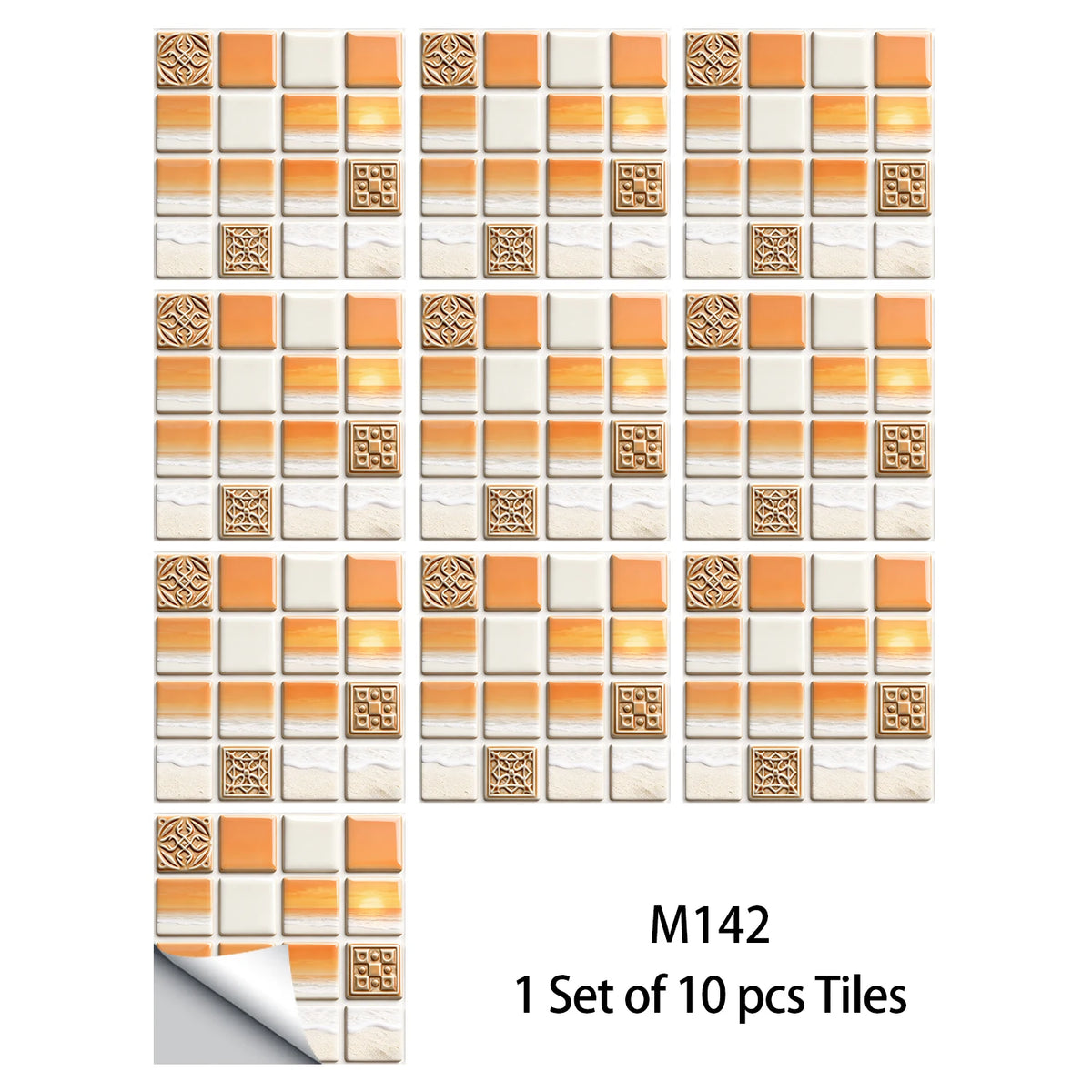 Mosaic tile wall decal set, peach orange and cream squares with patterned medallion tiles