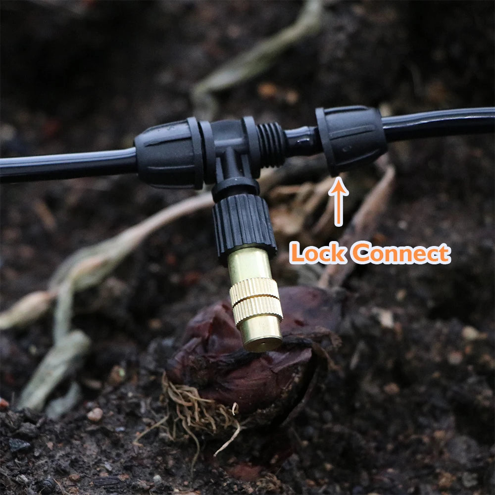 Black hose splitter with brass lock-connect fitting for 4/7mm garden hose