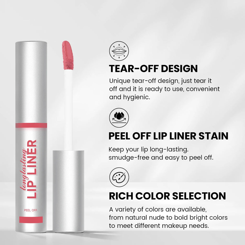 Long-lasting peel-off lip liner stain in pink, waterproof matte lip tint with doe-foot applicator for custom lip lines.