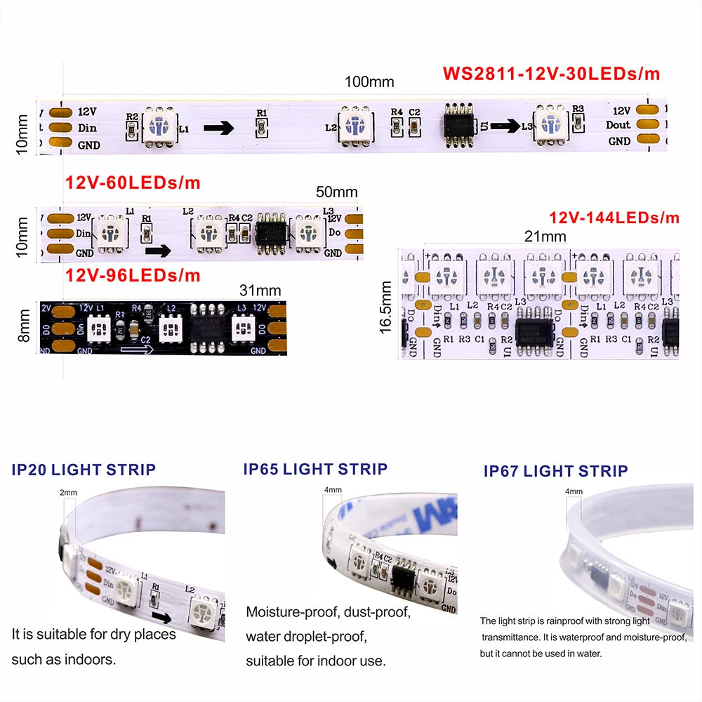 WS2811 WS2812 WS2813 WS2815 DC 5V 12V Color-Changing Addressable and Programmable LED Light Strips for Colorful Lighting