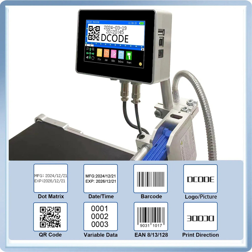 Industrial inkjet printer module with touchscreen screen, QR code, and barcode printing head