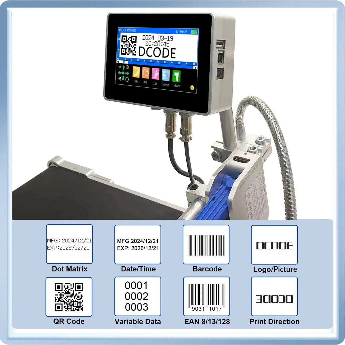 Industrial inkjet printer module with touchscreen screen, QR code, and barcode printing head