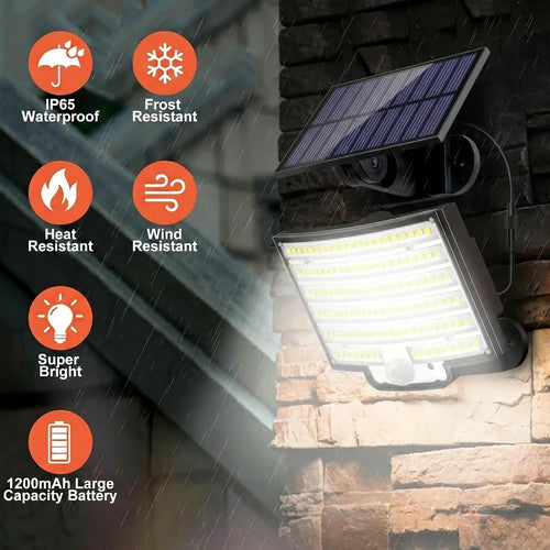 Outdoor black solar motion flood light with solar panel and side sensor on wall