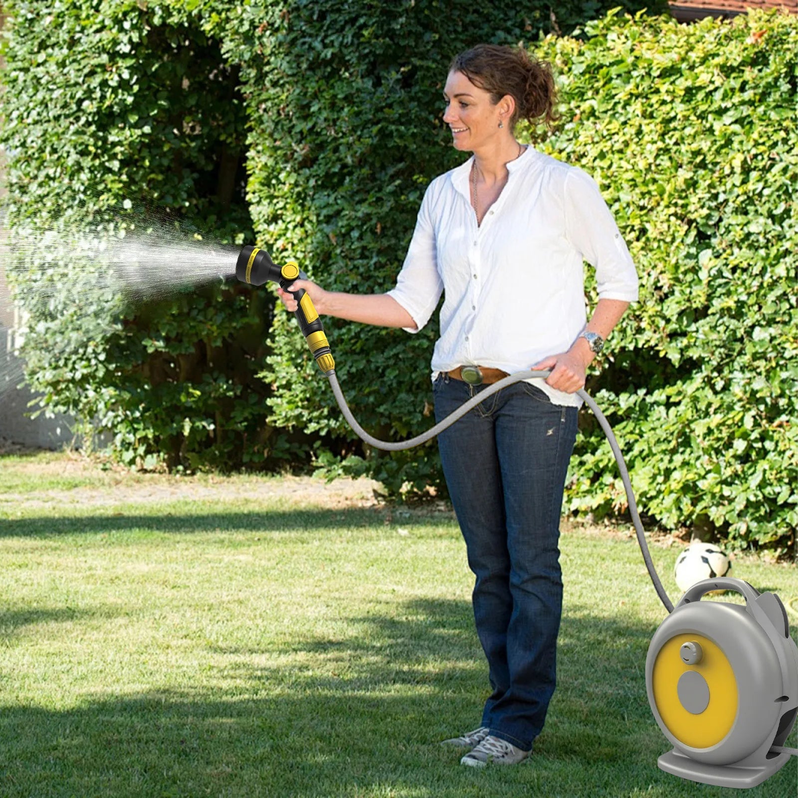 15M Auto Retractable Garden Hose Reel Full Surround Protective Water Pipe Cart Quick Connect Sprayer Gun 10 Spray Modes Yard Irrigation Car Washing Hose Set
