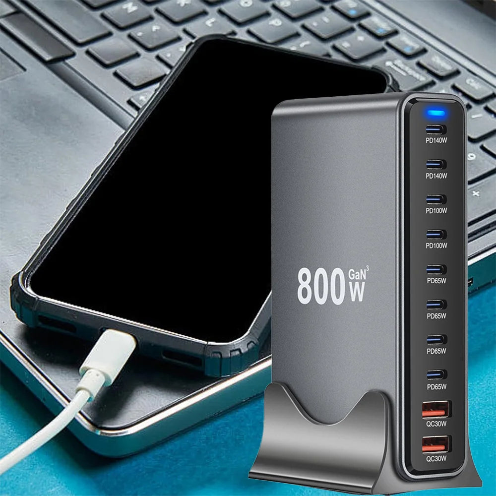 800W GaN 10-Port USB-C Desktop Charger - Fast Multi-Device Power Station Tidesmit