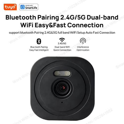 Indoor window camera close-up, black round body with front lens and small sensor window