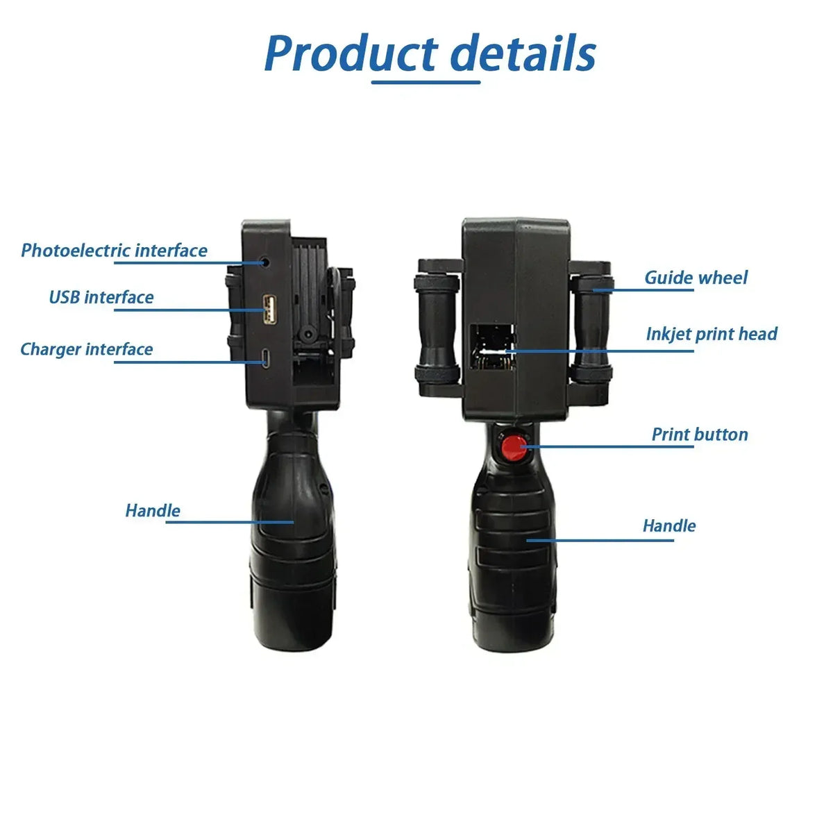 Handheld inkjet printer with labeled USB interface and inkjet print head parts