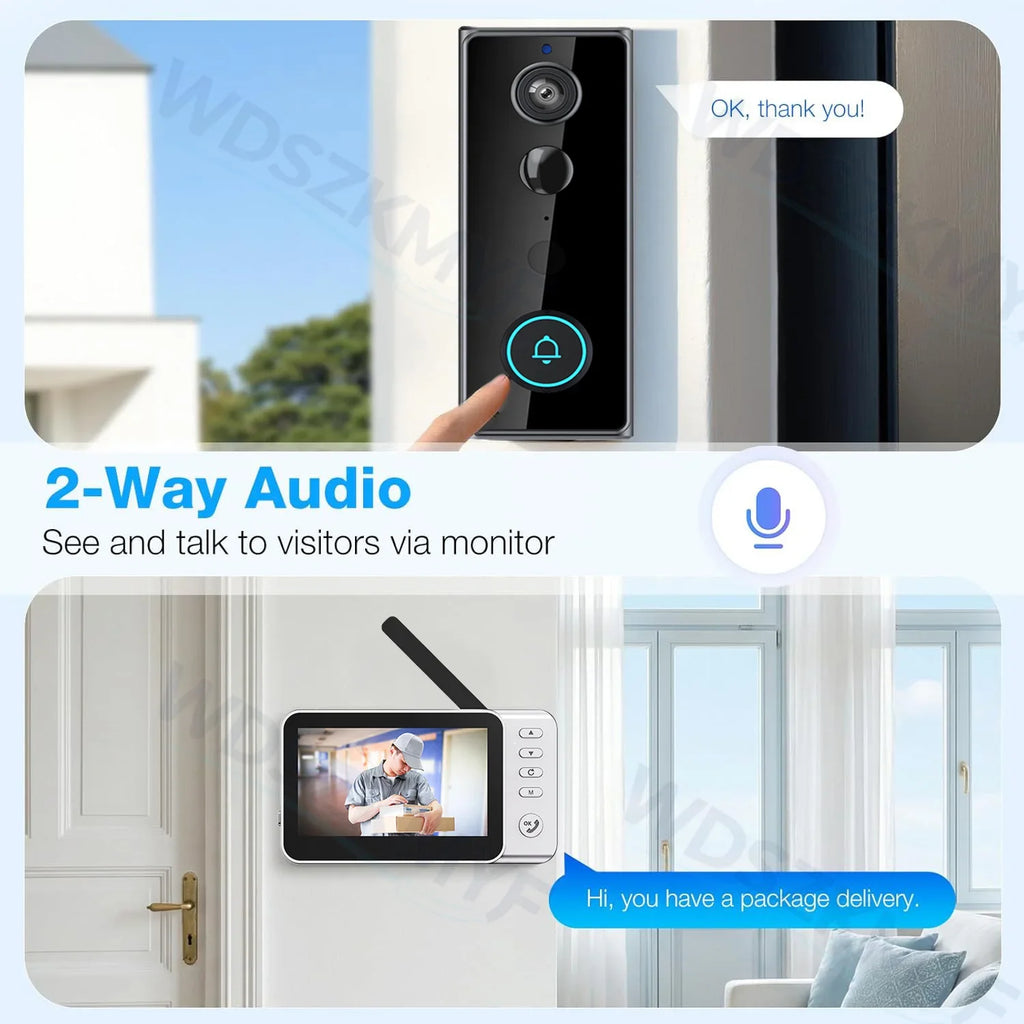 New Waterproof Wireless Doorbell Camera 4.3in IPS Screen Active Wake-Up Video Intercom Doorbell 1080P Home Security Door Bell