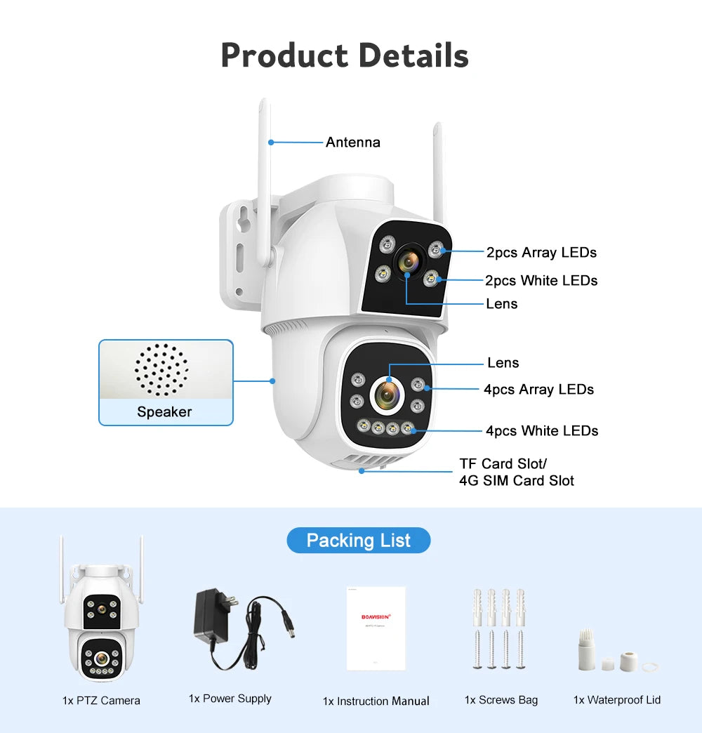 4MP 4G Wifi Surveillance Camera AI Auto Tracking Color Night Vision Two Way Audio Outdoor Dual Lens Dual Screen PTZ Security Cam