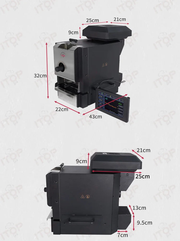 ITOP black metal commercial coffee roaster machine with touchscreen interface, showing dimensions and technical specs.