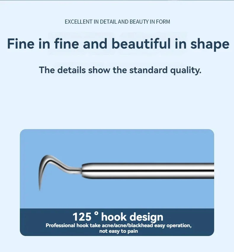 Silver stainless steel acne and blackhead extraction tool with a curved 125-degree hook tip.