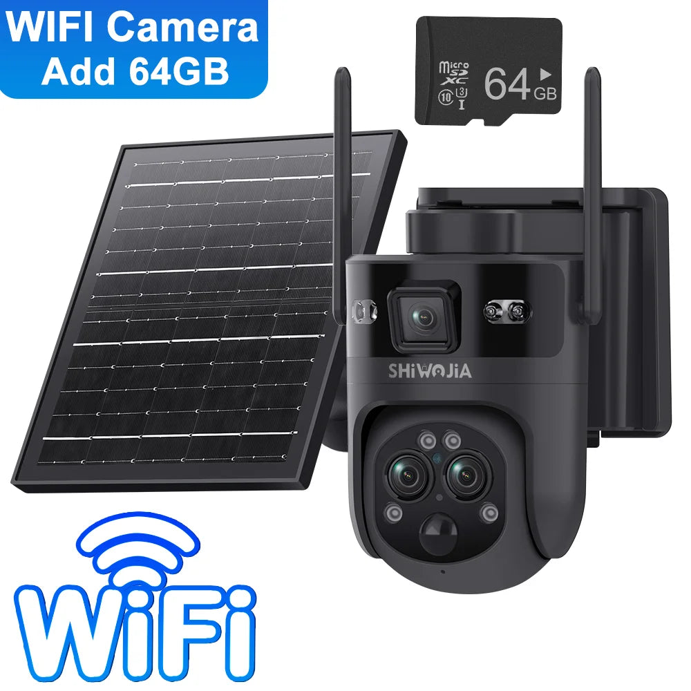 Black outdoor solar security camera with WiFi, three lenses, and solar panel plus 64GB TF