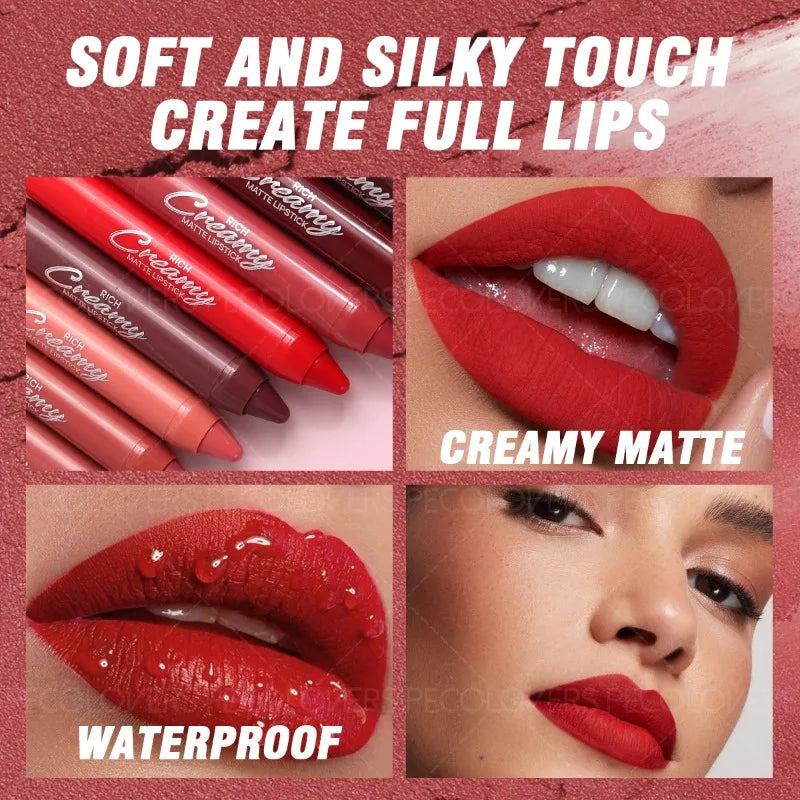 Creamy matte lip liner lipstick set for defined, plump, and waterproof red lips with a silky, long-lasting texture.