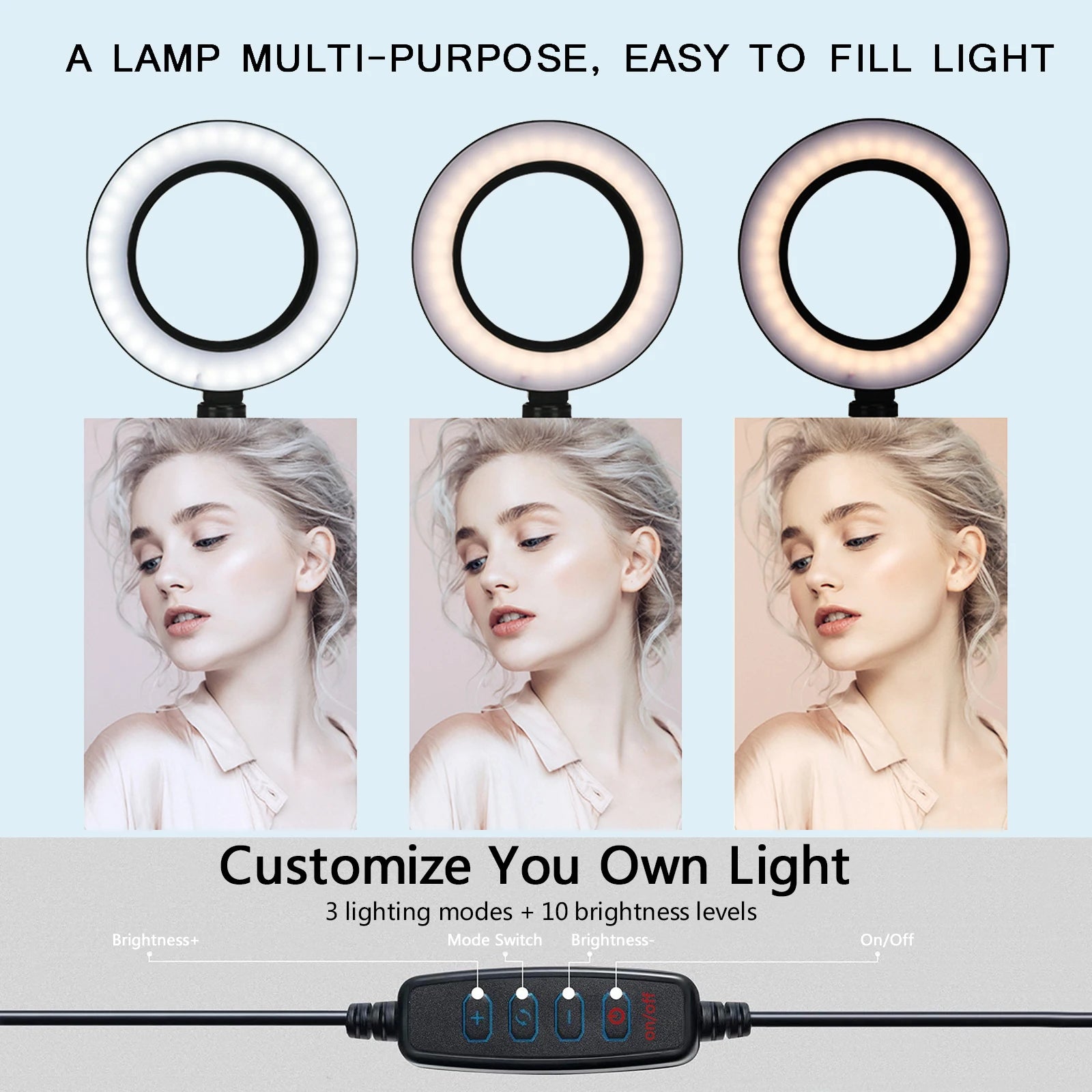Circular LED ring light showing three color temperature modes for photography, with a wired controller for adjustment.