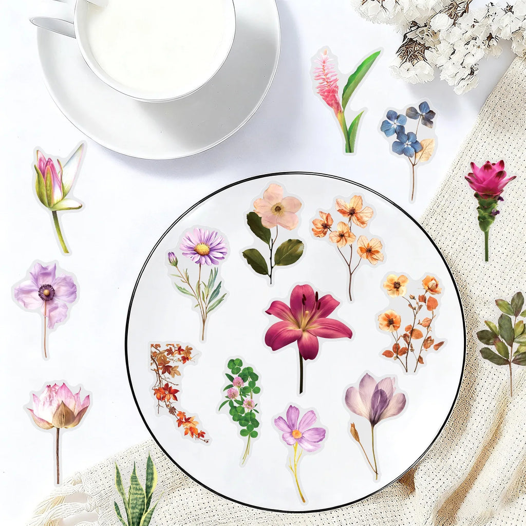 50PCS Color Ink Flower Sticker Pack Waterproof Transparent PET Brochure Flower Material Decorative Notebook Waterproof Stickers
