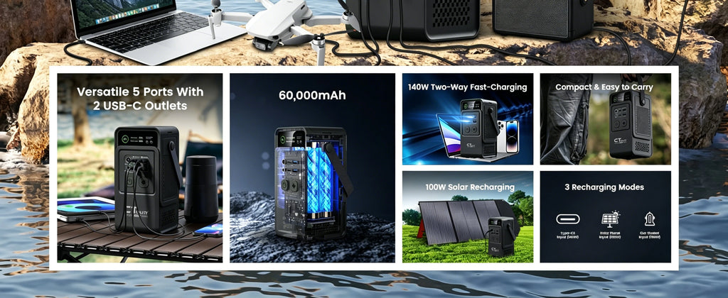 CTOLITY 192Wh Power Station 110V 200W Power Bank Outdoor Camping Portable Solar Generator LiFePO4 Battery Home Backup Power Supply 60000 mAh Emergency Battery