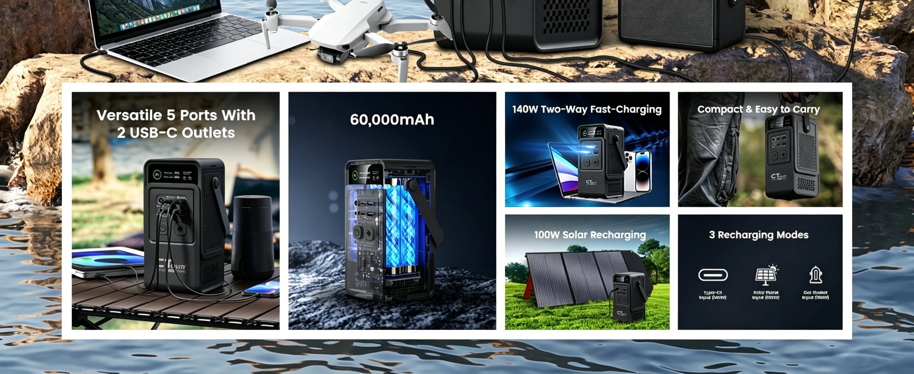 CTOLITY 192Wh Power Station 110V 200W Power Bank Outdoor Camping Portable Solar Generator LiFePO4 Battery Home Backup Power Supply 60000 mAh Emergency Battery