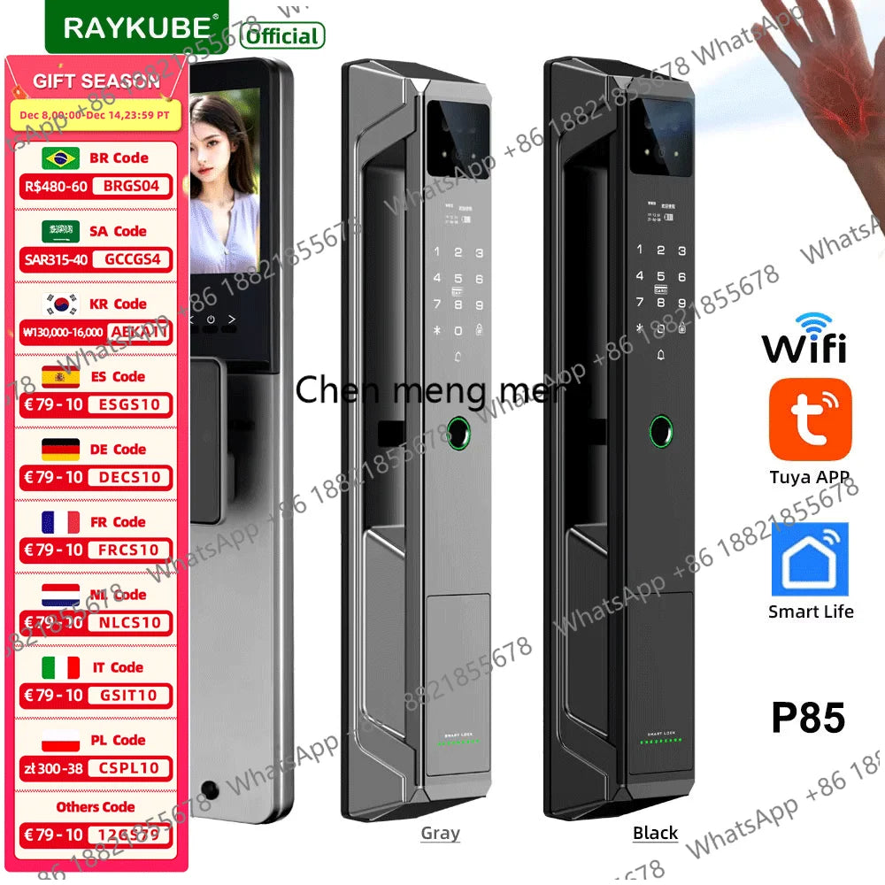 RAYKUBE 21-language Voice Camera Palm Vein Smart Fingerprint Lock Face Recognition Digital Lock With Video Call P85