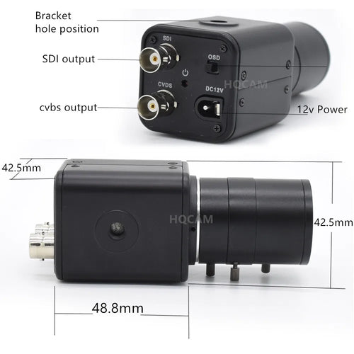 Black mini SDI camera rear panel showing SDI and CVBS output ports