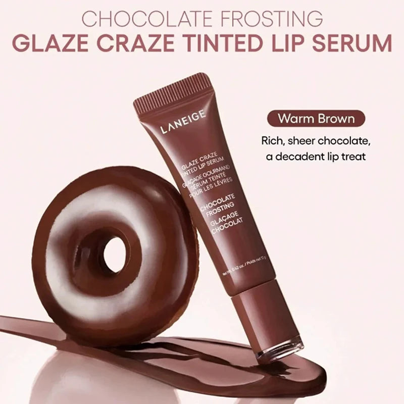 Laneige Glaze Craze Tinted Lip Serum in Chocolate Frosting: a hydrating warm brown lip balm with a glossy finish.