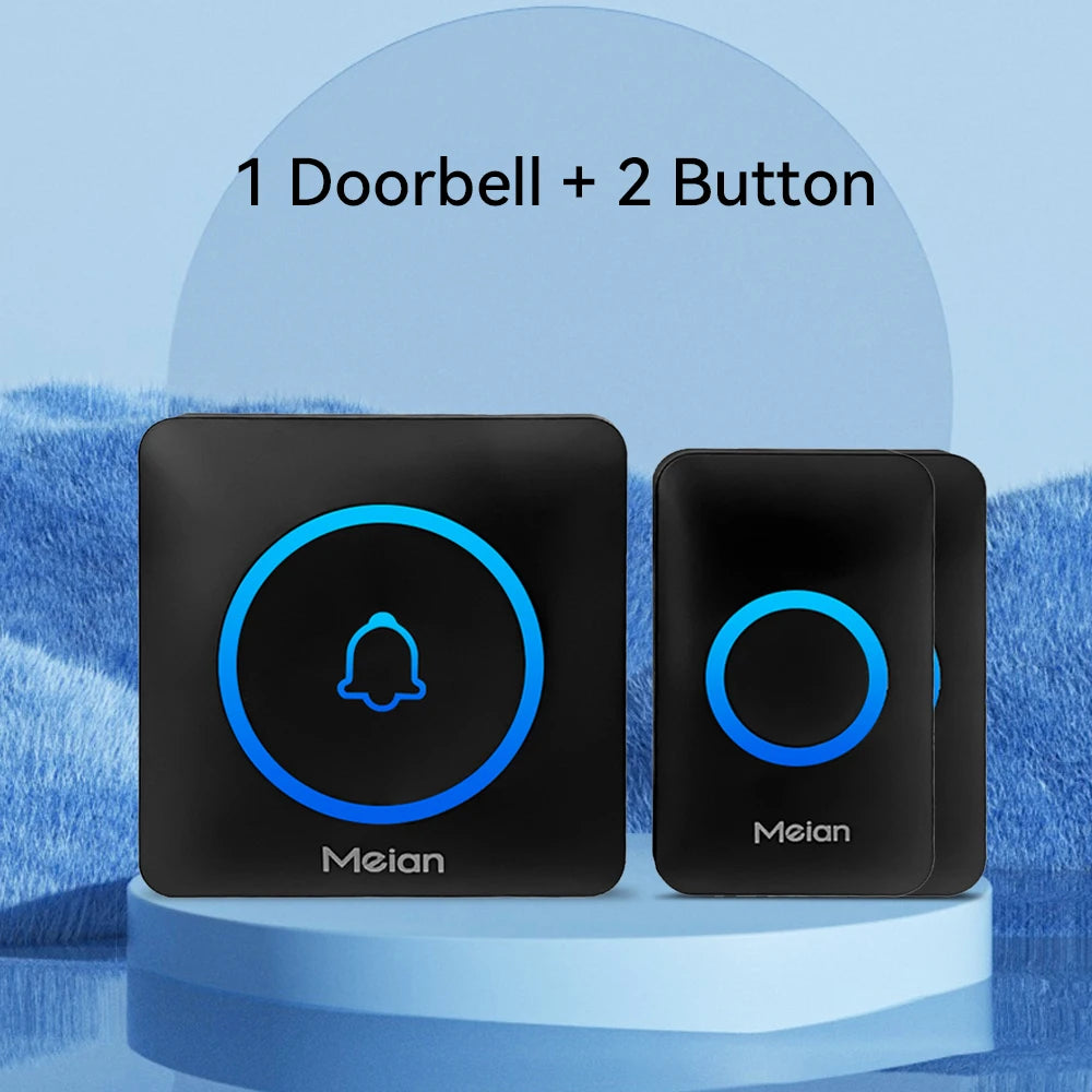 Meian wireless doorbell set, black chime with two buttons, blue bell and ring icons