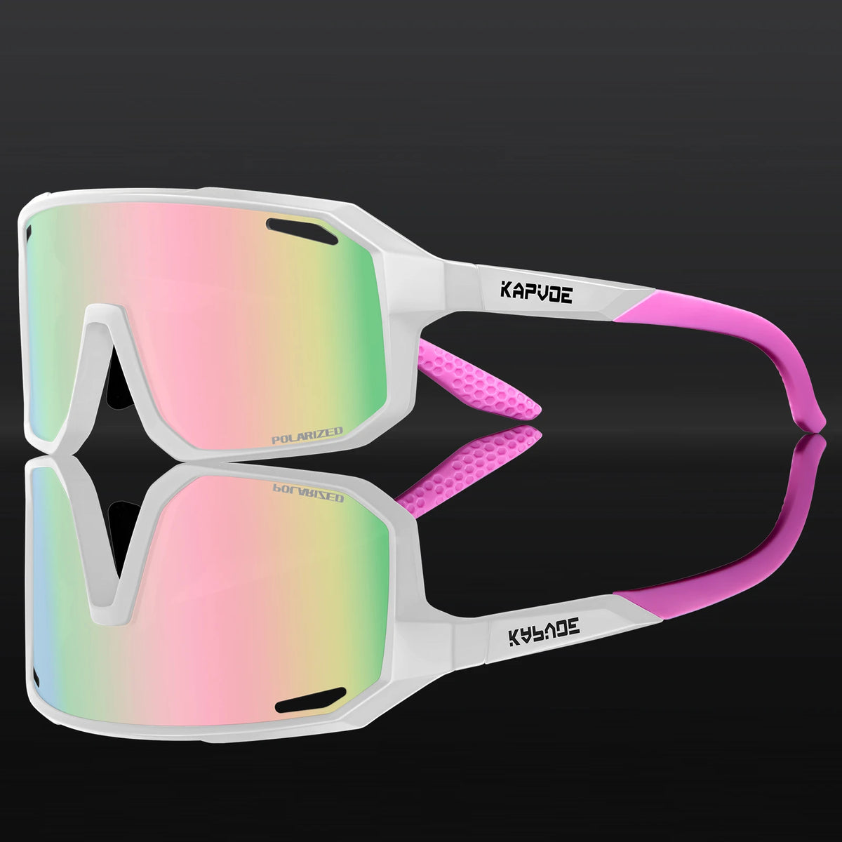 Sport sunglasses with white frame and pink mirrored lenses with purple accents