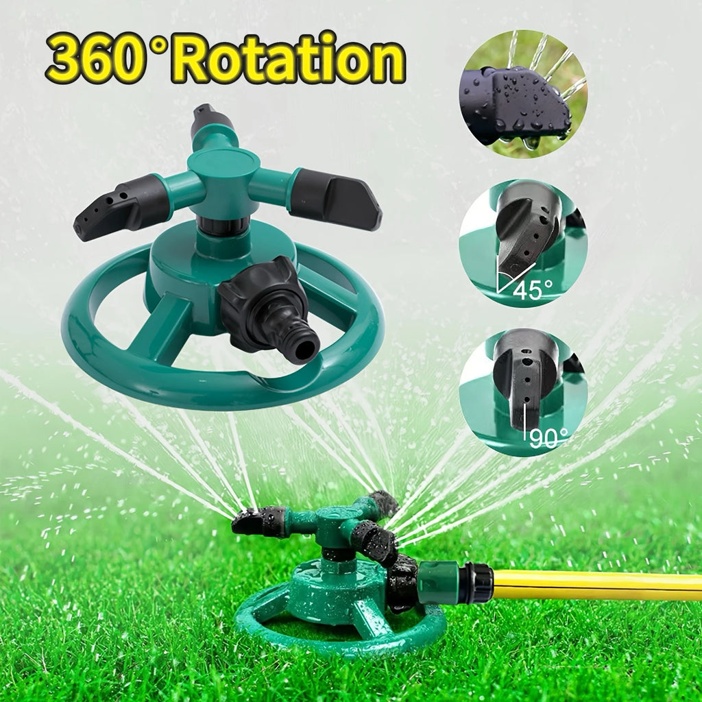 Green 360° rotating lawn sprinkler head with adjustable spray arms and circular base
