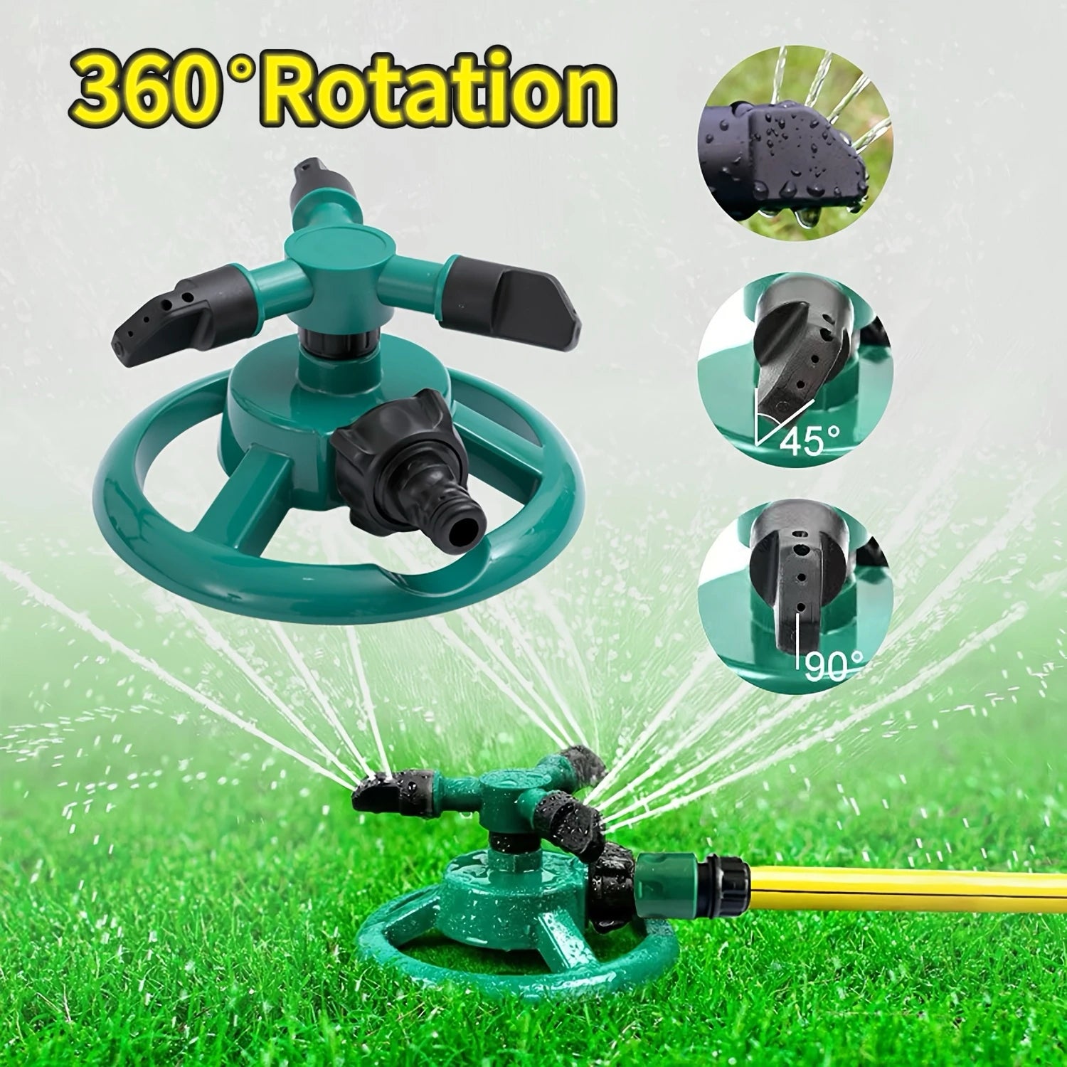 Green 360° rotating lawn sprinkler head with adjustable spray arms and circular base