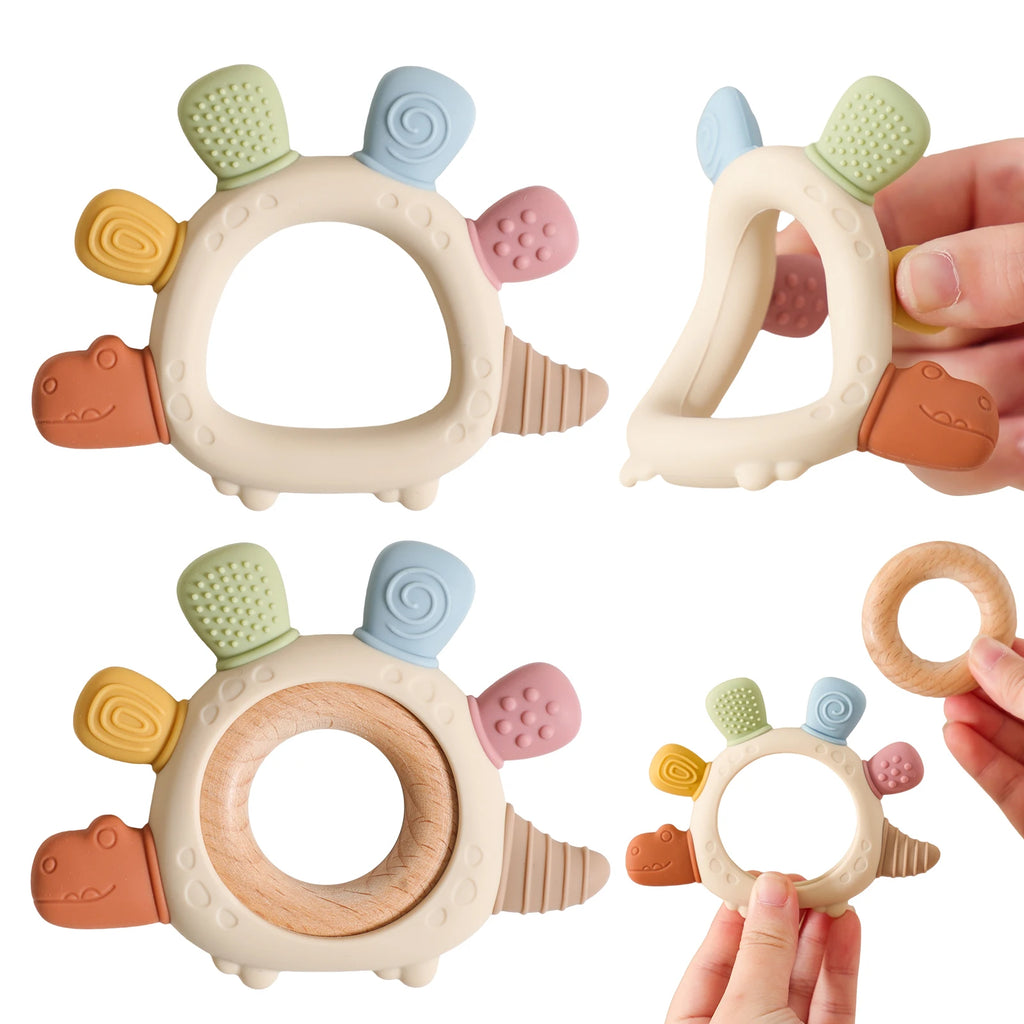 Baby Silicone Teether Toys,Perfect for Teething Toys 0-3-6 Months and Shower Gifts, BPA-Free, Ergonomic Dinosaur Wood Design.