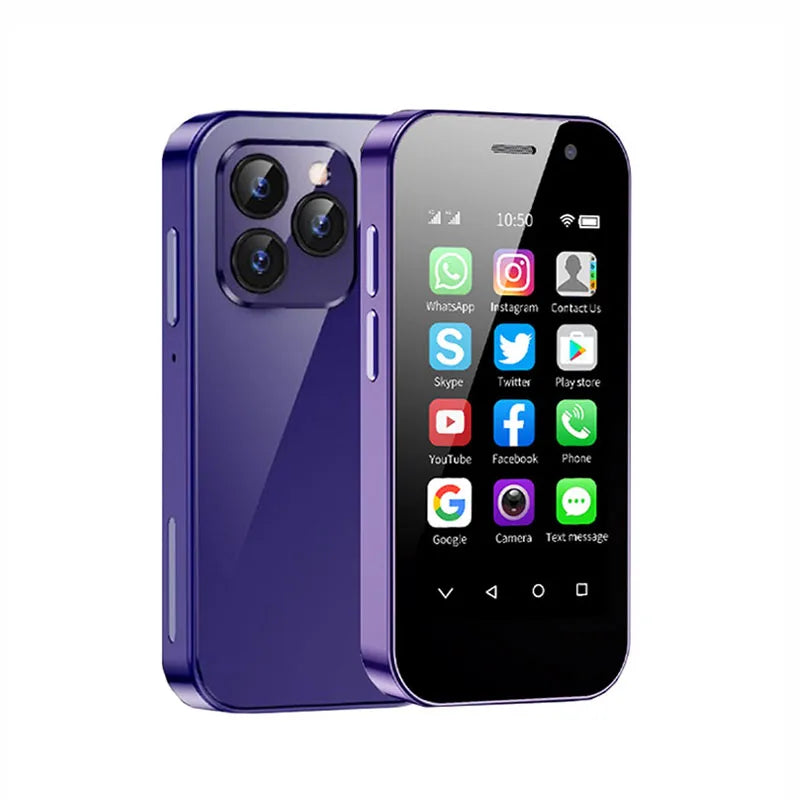 Purple mini smartphone with triple rear cameras, front and back view, no hand