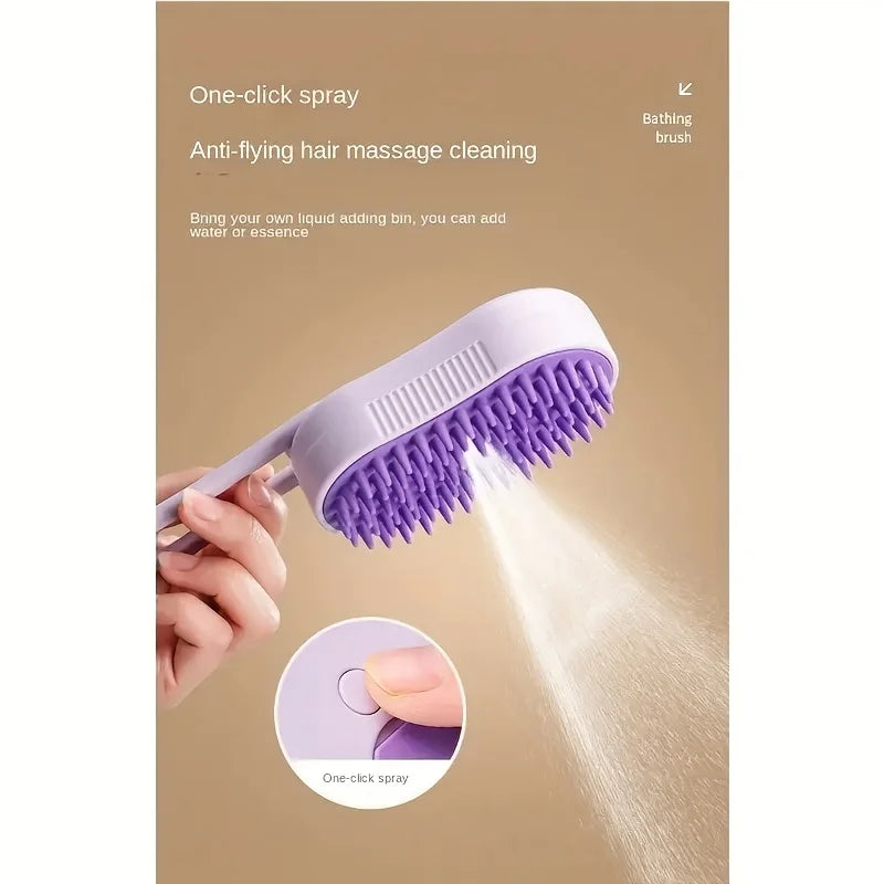 Purple 3-in-1 steam pet brush with silicone bristles for easy cat and dog grooming and anti-flying hair massage.