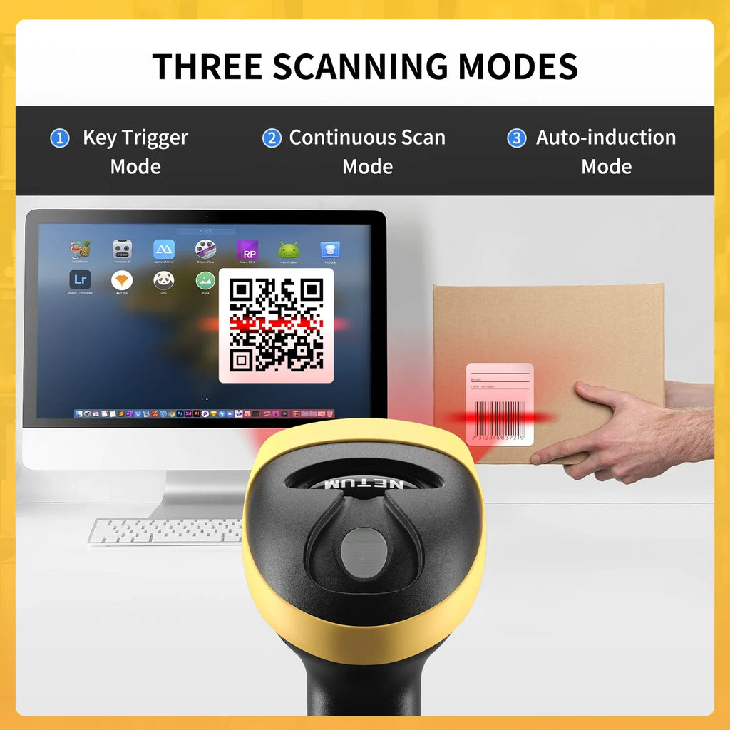 Yellow-and-black Bluetooth 2D handheld barcode scanner with top scan window