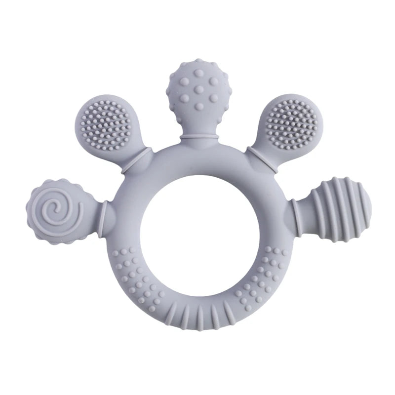 Grey silicone teething ring toy for baby relief.