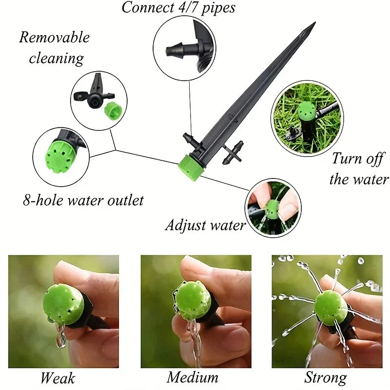 Adjustable drip irrigation emitter on black stake with green flow cap and shutoff