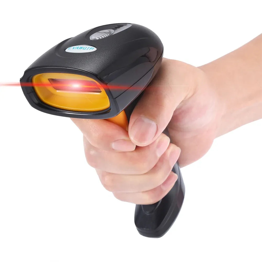 Handheld scanner with illuminated orange scan window and red scan beam, in hand
