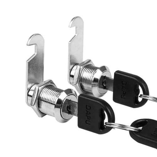 Rotary lock cylinder with two keys on black key fobs, silver metal housing.