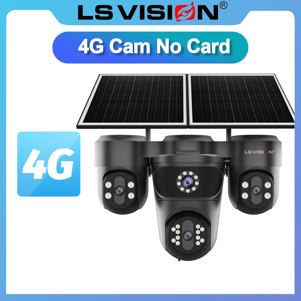 LS VISION 4-Screen 12X Optical Zoom Solar Outdoor Surveillance Camera 4G SIM AOV 24/7 Video Recording Cam Ai Auto Zoom Tracking
