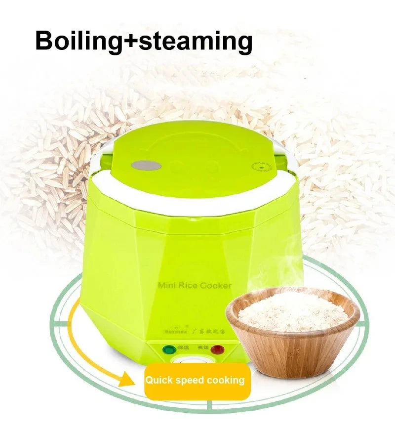 Portable 1.6L car rice cooker, lime green with steaming and quick cooking around rice bowl