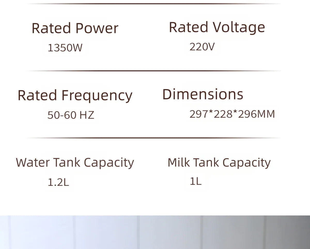 Technical specifications list for espresso machine: 1350W power, 1.2L water tank, 1L milk tank, 297x228x296mm size.