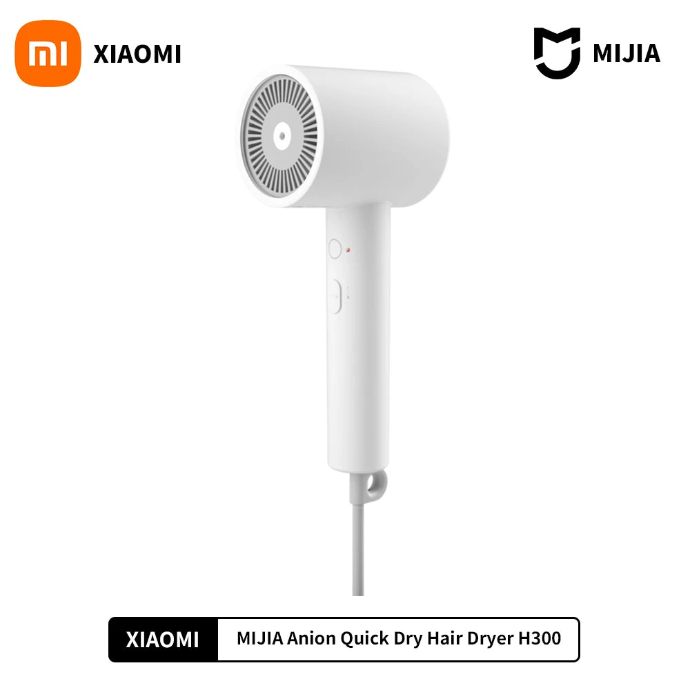 Xiaomi Mijia H300 white ionic hair dryer, 1600W professional quick-dry tool with sleek, portable minimalist design.