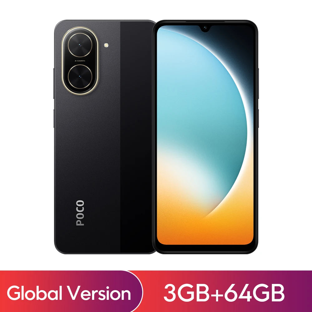 Black Xiaomi POCO C71 Global Version, 6.88" HD+ display, dual camera, front and back view, 5200mAh battery smartphone.