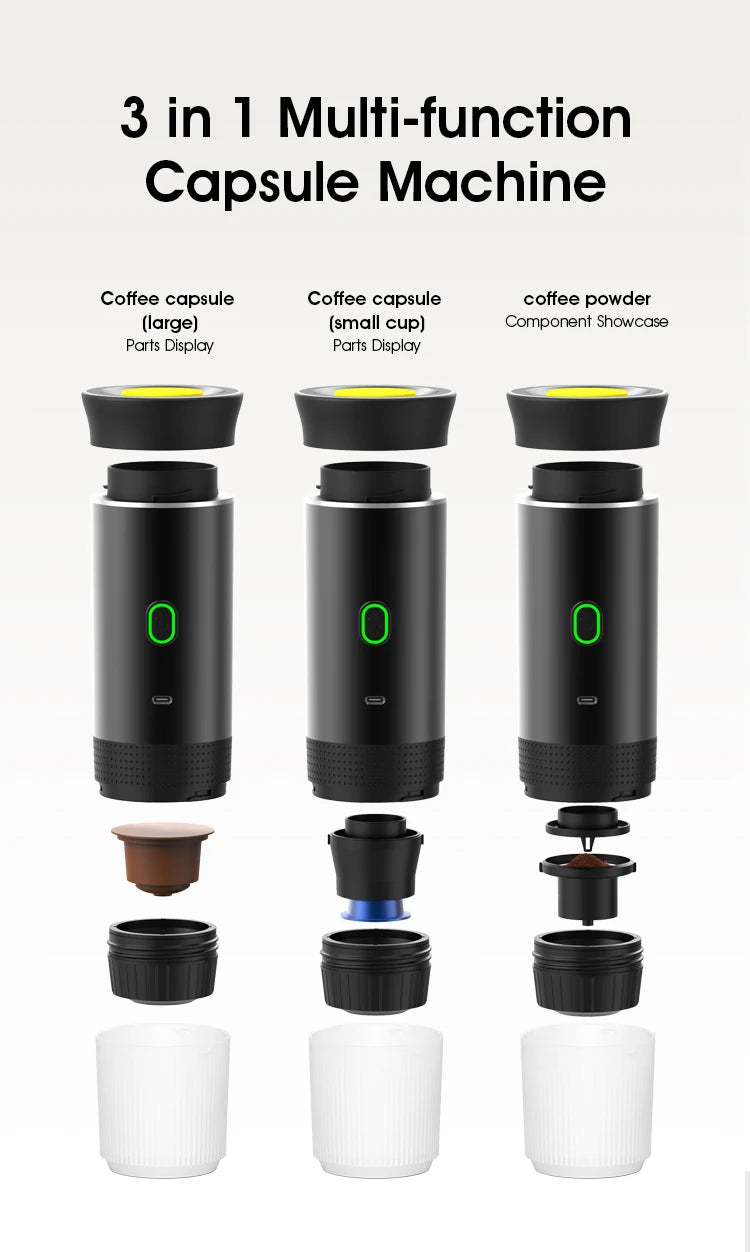 Black 3-in-1 portable capsule coffee maker with large and small capsule and powder attachments and white base cup.