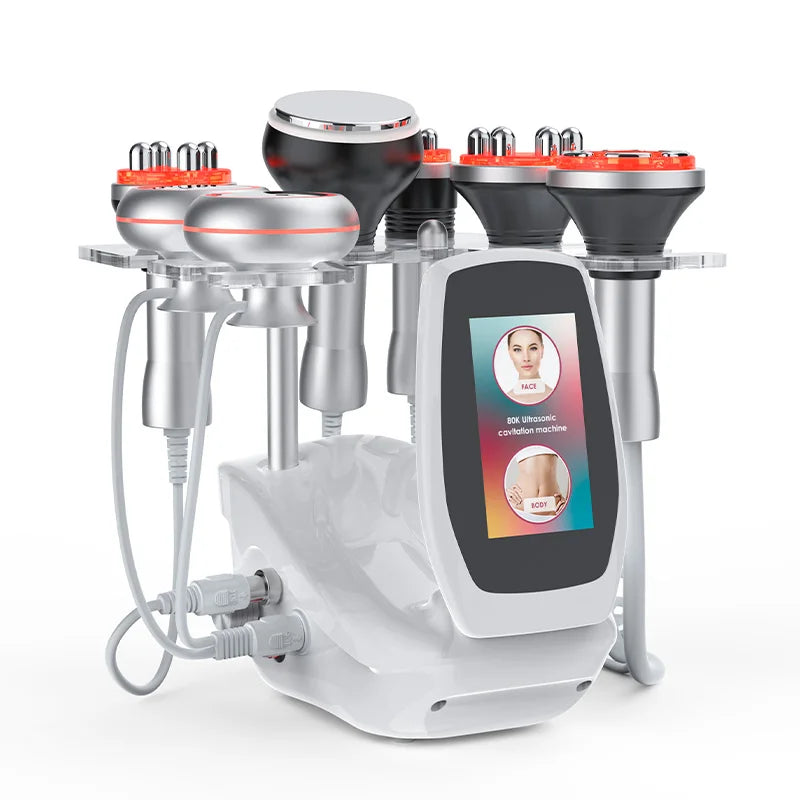 6-in-1 80K ultrasonic cavitation machine for body sculpting and skin tightening with touch screen display and probes.
