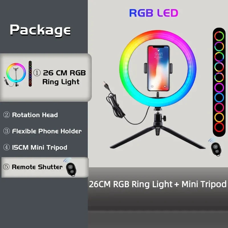 26cm RGB LED ring light with phone holder, mini tripod, and remote shutter for photography and video recording.