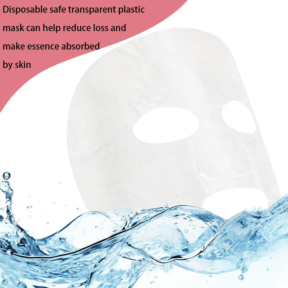 A thin, translucent, disposable plastic facial sheet mask floating above clear splashing water.