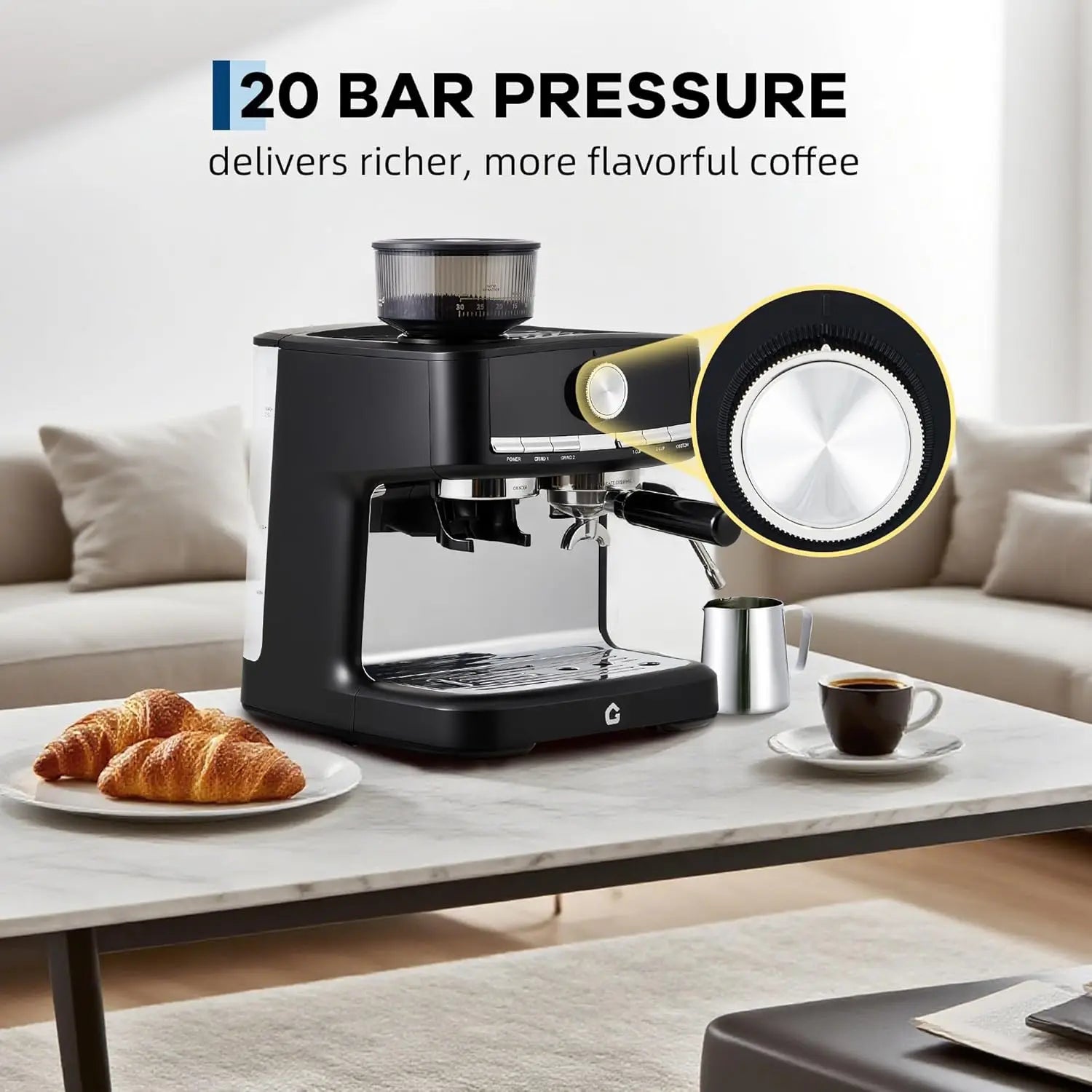 Black 20-bar espresso machine with integrated grinder, stainless steel accents, and milk frothing pitcher on table.